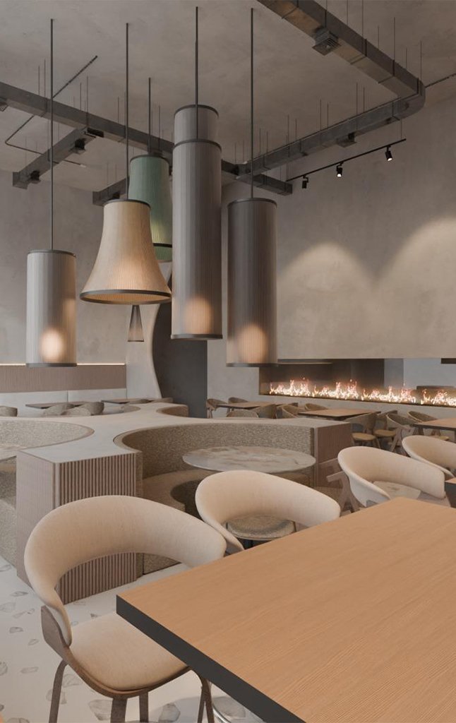 Cafe interior with pendant lights and dining tables