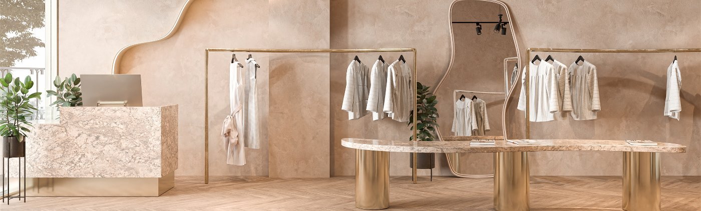 Boutique store interior with brass clothing racks and marble table